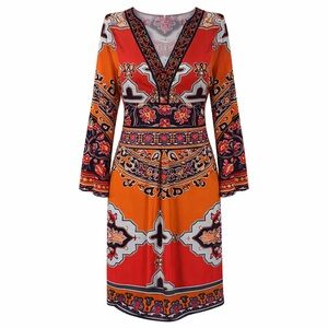 HALE BOB Juniper Dress Vibrant 3/4 Sleeve Dress in Orange and Red Tie Beaded Sm